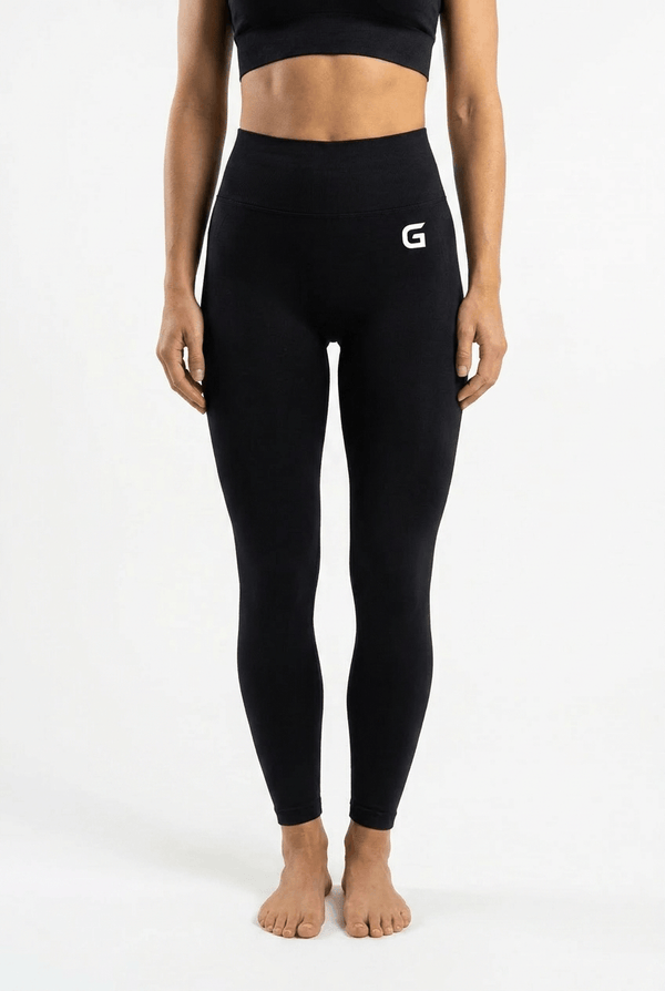 GripFlex women's black seamless high-waist leggings front view with white G logo on waistband
